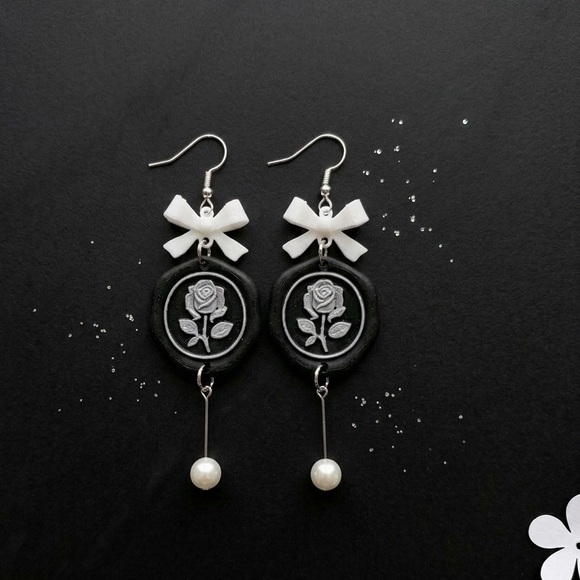 Black & Silver Rose Stamp Earrings with White Bow & Pearl Drop - Picture 2 of 5